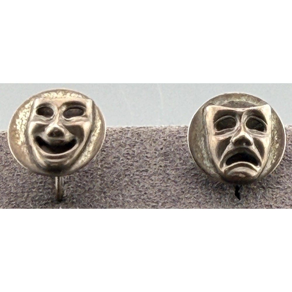 Vintage Sterling Silver Mask Earrings Comedy Tragedy Screw Back Theater Goth